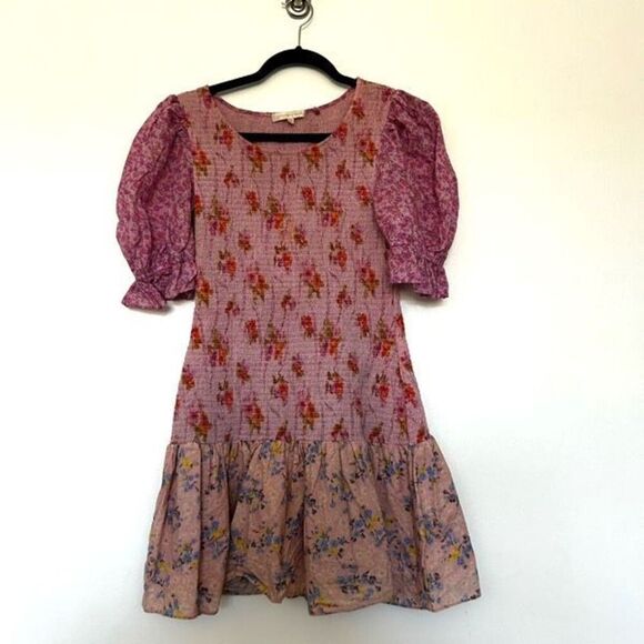 LoveShackFancy Luppa Dress Exploded Pink Mini Dress Size L Smocked Peasant - Picture 1 of 11